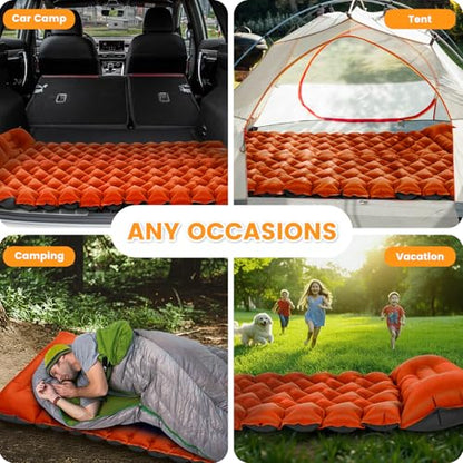4-Inch Thick Camping Sleeping Pad with Foot Pump & Pillow, Inflatable Sleeping Mat for Side Sleepers, Stays Firm Overnight, Ultralight for Backpacking, Music Festivals & Car Camping - color: Orange+gray