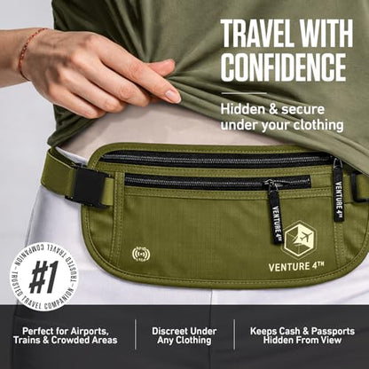 VENTURE 4TH Money Belt for Travel – Slim Hidden Under-Clothes RFID Blocking Anti-Theft Passport Holder & Travel Wallet Pouch for Men & Women to Protect Cash, Cards & Documents (Green) - color: Green