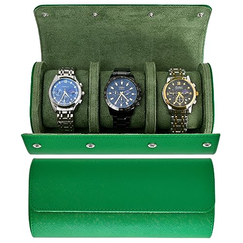 Watch Roll Travel Case for Men and Women- 3 Watch Storage and Organizer-Secure Storage with Innovative Removable Pillows & Solid Dividers for Home Storage, Travel and Display (Green Cross-3 Slot) - color: Green-3