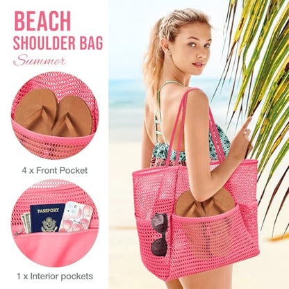 KPX Beach Bag with Mini Pocket, Summer Beach Tote Bags for Women Large Foldable Mesh Swimming Pool Travel Bags - Sandproof - color: Rose