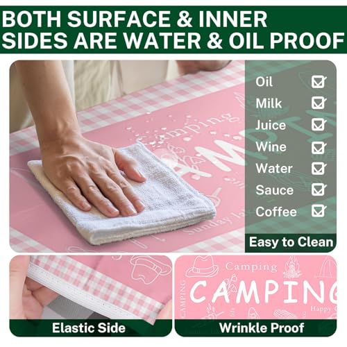 Picnic Table Cover with Bench Covers Elastic Edges, Pink Camper Fitted Table Cover, Outdoor Patio Camping Essentials 72 Inch 3PCS, Waterproof Camping Fitted Tablecloth with Drawstring Bag - color: Pink, size: 72in