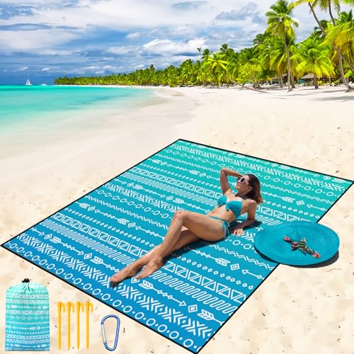 WIWIGO Beach Blanket Waterproof Sandproof Beach Mat 79" X 83"/10'x9'for 2-8 Adults Quick Drying Outdoor Picnic Mat Beach Accessories for Travel, Camping, Hiking - color: Blue Geometric Tribe, size: 79" X 83"（1-4person）