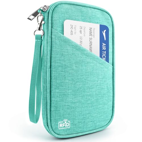 Passport Holder Family RFID Travel Document Organizer for Women Waterproof Passport Wallet Men Portable Case for Cards, Boarding Pass, ID, Money, Tickets with Zipper - color: A-Family-Light Green