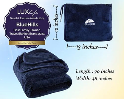 BlueHills Premium Soft Long Travel Blanket Pillow for Tall Airplane Flight Blanket Throw Luggage Belt & Backpack Clip Compact Packable Car Large 2 in 1 Combo Warm Gifts Navy Blue T051 - color: Navy-long-t051