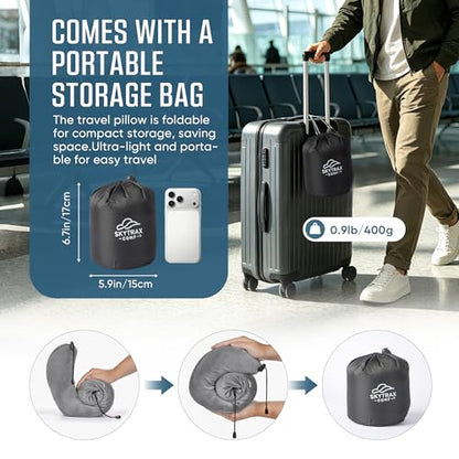 SkytraxComf® Travel Neck Pillow with Hood for Privacy on Long Flights | Memory Foam | Airplane Sleep | Safety-Tested Materials | Extra Large Hood | Chin Support | Earplugs | Washable Cover - color: Light Grey