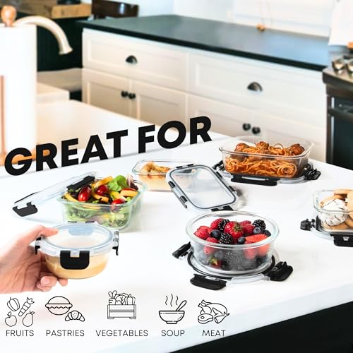 Razab 30 PC Glass Food Storage Containers with Lids - Reusable Glass Meal Prep Containers for Lunch and Leftovers - Airtight & Leakproof Snap Locking Lids - Oven, Freezer, Microwave, Dishwasher Safe - color: Black