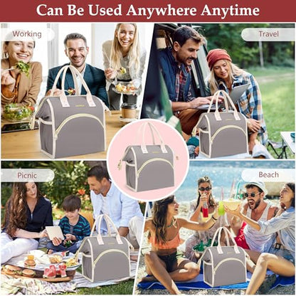 LOKASS Lunch Bag Women Insulated Lunch Box Wide-Open Lunch Tote Bag Large Cooler Bag for Work Picnic Hiking Beach（Dark Gray） - color: Charcoal Gray