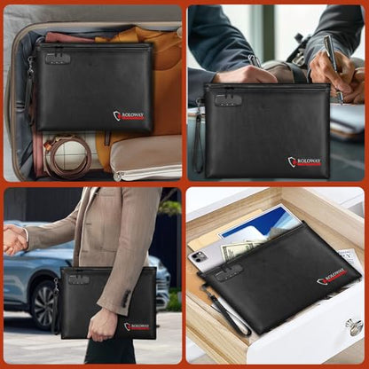 ROLOWAY Fireproof Document Bag (14.5 x 11.5 inch), 6400℉ Fireproof Money Bag with Zipper for Cash, Fire Safe Money Pouch with Lock (Black) - color: Black