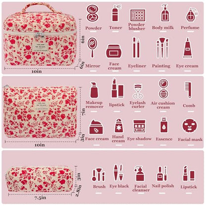 Gosect 3pc Makeup Bag Set, Quilted Makeup Bag Set, Large Floral Cosmetic Bag for Women, Cute Cotton Makeup Bags, Flower Travel Toiletry Organizer Bag (Bright Pink) - color: Bright Pink