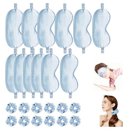 24Pcs Satin Eye Mask Silk Sleep Masks Silky Eyes Cover Blackout Blindfold Eyeshade Scrunchies Hair Ties Travel Wedding Gift - color: Azure