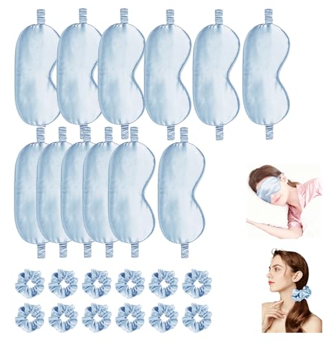 24Pcs Satin Eye Mask Silk Sleep Masks Silky Eyes Cover Blackout Blindfold Eyeshade Scrunchies Hair Ties Travel Wedding Gift - color: Azure