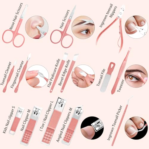 Nail Clippers Set, 26 Piece Manicure Set & Pedicure Kit, Stainless Steel Fingernail & Toenail Clipper Cutters, Professional Nail Care Tools with Luxurious Travel Case for Men and Women, Metallic Pink - color: Metallic Pink