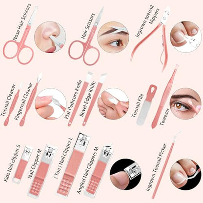 Nail Clippers Set, 26 Piece Manicure Set & Pedicure Kit, Stainless Steel Fingernail & Toenail Clipper Cutters, Professional Nail Care Tools with Luxurious Travel Case for Men and Women, Metallic Pink - color: Metallic Pink