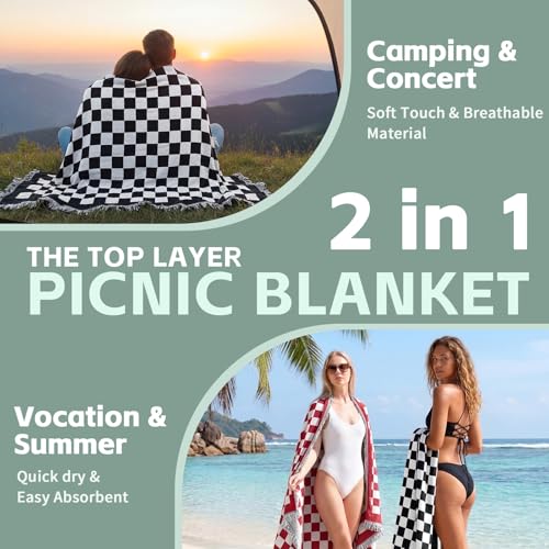 2 in 1 Extra Large Boho Beach Blanket Towel Picnic Mat Outdoor Rug Adult Men Guy Him Brother Dad Boyfriend Uncle Niece Best Friend Friendship Grandpa Husband Son Happy Birthday Cool Unique Gift - color: Checkered Black