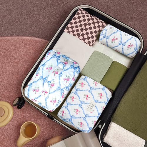 GISMTR 3Pcs Cotton Quilted Makeup Bag Large Travel Cosmetic Bag Coquette Makeup Pouch Cute Aesthetic Floral Toiletry Bag for Women Girls (flower-Q) - color: flower-Q