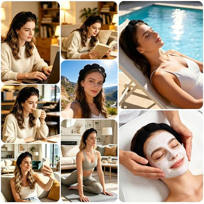 Real Perfection Spa Headband for Washing Face, Skincare Headband Wristband Set for Facial Mask Skin Care, Makeup Remover Towel Cloth Small Spray Bottle with Travel Makeup Bag Gifts for Women - Black - color: Black