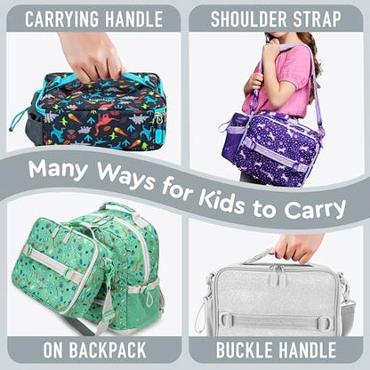 Bentgo Kids Lunch Bag - Double-Insulated, Reusable Lunch Bag for Kids 3+ with Adjustable Strap; Holds Lunch Box/Water Bottle/Snacks; Easy-Clean, Water-Resistant & Pockets (Glitter Edition - Silver) - color: Glitter Edition - Silver
