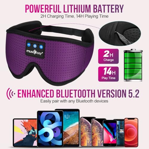 MUSICOZY 3D Bluetooth 5.4 Sleep Headphones, Breathable Wireless Music Eye Mask, Sleeping Headphones with Headband for Side Sleepers, Women, Men, Air Travel, Unique Tech Gifts - color: Purple