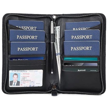 Polare Full Grain Leather Passport Holder Cover Case for Men and Women RFID Blocking Family Travel Wallet Holds 6 Passports - color: Carbon Black