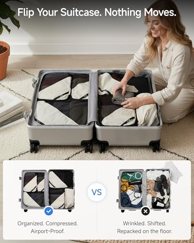 LUGGEX Compression Packing Cubes for Travel, 6 Set Lightweight Luggage Organizer Bags with Shoe Bag, Space Saving Suitcase Packing Cubes for Carry-On with Breathable Mesh, Double-Zipper (POX01, Beige) - size: 6 Set - 1 Xlarge & 2 Large Cubes