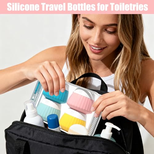 4 Pack Travel Size Silicone Cream Containers, Leak Proof Refillable Toiletry Bottles for Toiletries with 4 Scoops, Labels and Clear Bag, Suitable for Travel Shampoo and Conditioner Bottles (D) - style: D