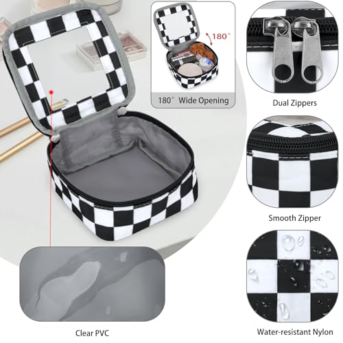 DOB SECHS Mini Checkered Bag for Purse 5.1'' x 5.1'' Small Makeup Bag for Car Cute Clear Cosmetic Bags with Zippers, Tiny Toiletry Bag Lipstick Pouch Organizer Case Travel Essentials Storage Pouches - color: Black+White Checkered