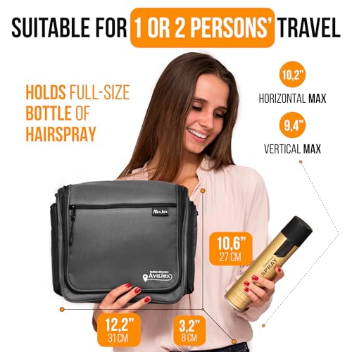 Travel Toiletry Bag for Men and Women - (10.6”x10.6”x3.2”) Large Hanging Toiletry Organizer - Waterproof Hygiene Bag with Metal XXL Swivel Hook, with Sturdy Zippers and 19 Compartments for Toiletries - color: L Grey