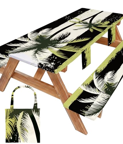 Picnic Table Cover with Bench Covers Tablecloth Glamping Essentials Gear Table Cloth Outdoor Summer Motorhome Cool Fun Unique Ideas Gifts for Camper Camping Lovers RV Owner Family Couple Men Male Dad - color: Black Green Coconut Trees, size: 96in