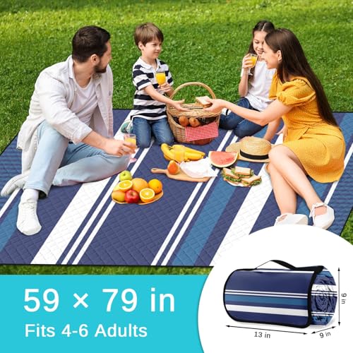 Waterproof Picnic Outdoor Blanket, 79" x 59" Sandproof Foldable Large Picnic Blanket for Beach, Camping, Park, Travel, Concert, Great Gift for Families and Couples (Blue Striped) - color: Blue Horizontal Striped