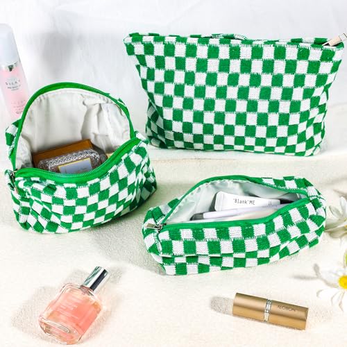 ZLFSRQ 3Pcs Checkered Makeup Bag for Women Large Small Checkered Cosmetic Bag Set Aesthetic Preppy Pencil Case Cute Pencil Pouch Green Makeup Pouch for Purse Travel Toiletry Bags Zipper Skincare Bags - color: B-Checkered 3Pcs Mix Green