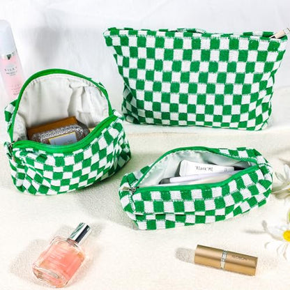 ZLFSRQ 3Pcs Checkered Makeup Bag for Women Large Small Checkered Cosmetic Bag Set Aesthetic Preppy Pencil Case Cute Pencil Pouch Green Makeup Pouch for Purse Travel Toiletry Bags Zipper Skincare Bags - color: B-Checkered 3Pcs Mix Green