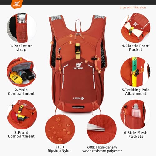 SKYSPER Small Hiking Backpack - 15L Travel Daypack Lightweight Bag Water Resistant Hiking Backpacks for Women Men - color: Orange, size: Small