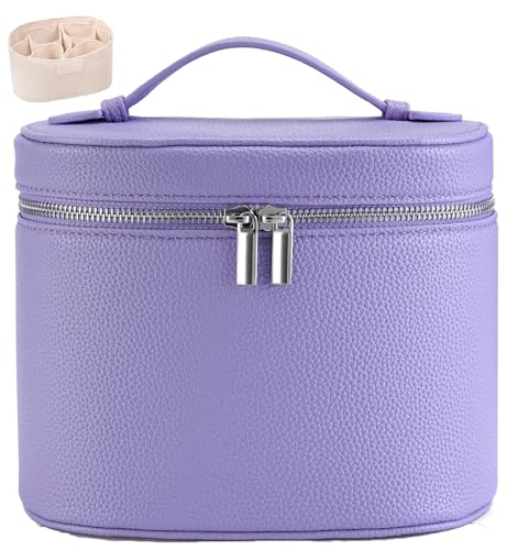 Leather Make Up Bags With Compartments, Brown travel Cosmetic Bags for Women, Parallel Makeup Travel Bags Organizer Equipped With a Detachable Divider (Purple) - color: Purple