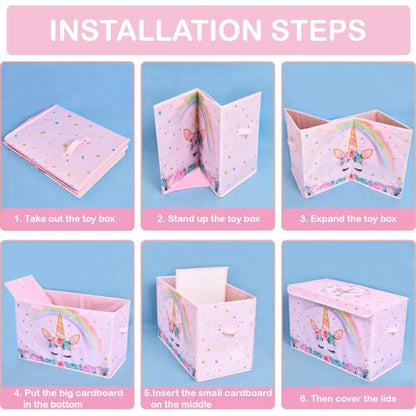 WERNNSAI Unicorn Toy Box - Collapsible Oxford Storage Bin with Handles 25" x 13" x 16" Toys Clothes Books Chest Organizer Cube with Flip-top Lid for Girls Kids Bedroom Nursery Living Room
