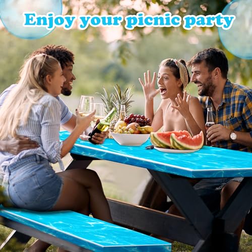 Boao 3 Pcs Vinyl Picnic Table Cover with Bench Cover 6 ft 30 x 72 Inch Waterproof Fitted Tablecloth Flannel Backing Rectangular Elastic Edged for Camping Outdoor Patio Travel(Seawater) - color: Seawater