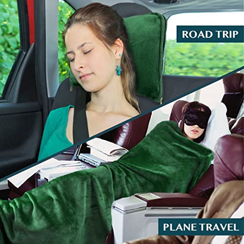 PAVILIA Travel Blanket Pillow, Soft Airplane Blanket 2-in-1 Combo Set, Plane Blanket Compact Packable, Flight Essentials Car Pillow, Travelers Gifts Accessories, Luggage Backpack Strap, 60x43 Green - color: Green