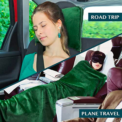 PAVILIA Travel Blanket Pillow, Soft Airplane Blanket 2-in-1 Combo Set, Plane Blanket Compact Packable, Flight Essentials Car Pillow, Travelers Gifts Accessories, Luggage Backpack Strap, 60x43 Green - color: Green