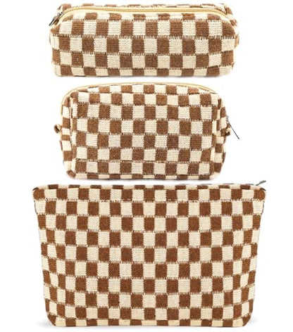ZLFSRQ 3Pcs Checkered Makeup Bag for Women Large Small Checkered Cosmetic Bag Set Aesthetic Preppy Pencil Case Cute Pencil Pouch Brown Makeup Pouch for Purse Travel Toiletry Bags Zipper Skincare Bags - color: B-Checkered 3Pcs Mix Brown