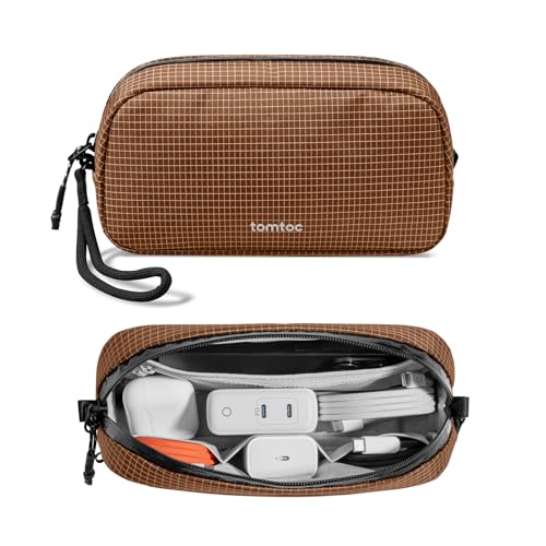 tomtoc Electronics Organizer Travel Case Performance, Water Resistant Bag Cable Tech Pouch Accessories, Carry Storage for Cord, Phone, Cables, Airpods, USB Flash Drive, Daily Items - color: Brown Plaid, size: Small