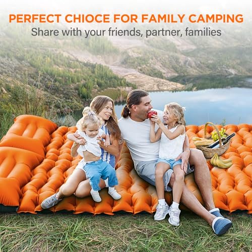 Yuzonc Double Sleeping Pad for Camping, 4" Extra Thick Self-Inflating Air Mattress - 2 Person Inflatable Camping Mat with Built-in Foot Pump & Pillow, Backpacking Hiking Tent Travel-Orange - color: Orange-1
