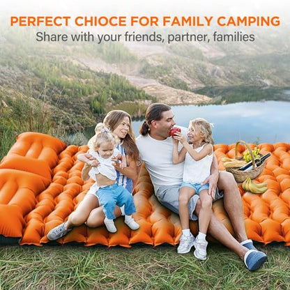 Yuzonc Double Sleeping Pad for Camping, 4" Extra Thick Self-Inflating Air Mattress - 2 Person Inflatable Camping Mat with Built-in Foot Pump & Pillow, Backpacking Hiking Tent Travel-Orange - color: Orange-1