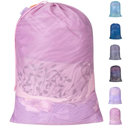Polecasa Heavy Duty Diamond Large Mesh Laundry Bag with ID Tag and Locking Drawstring Closure - 24 x 36 inches - Laundry Hamper Liner, Washable Laundry Bags for Travel, Sports, Dorms (Pink) - color: Pink, size: 24"x36" |1 Pack