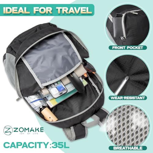 ZOMAKE Lightweight Packable Backpack 35L, Light Foldable Backpacks Water Resistant Collapsible Hiking Bag, Compact Folding Day Pack for Travel Camping(Graphite black) - color: Graphite Black