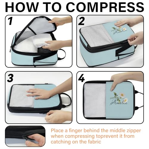 Custom 6 Set Compression Packing Cubes for Travel, Personalized Lightweight Luggage Organizer Bags with Birth Flower, Expandable Large Expandable Packing Organizer, Blue Pinks Purple - color: Light Blue