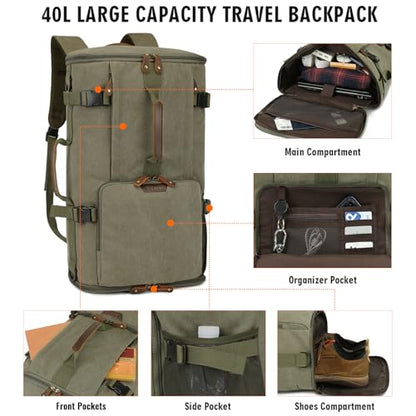 G-FAVOR Travel Backpack for Men, 40L Flight Approved Carry On Backpack, Water Resistant Canvas Rucksack with 17.3" Laptop Sleeve, Convertible Duffel Bag for Airplane, Business & Travel - color: Green