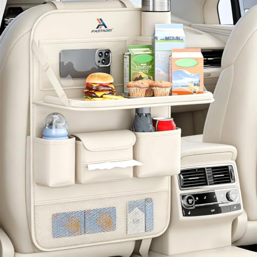 Universal Foldable Car Backseat Organizer with Table Tray, Car Seat Back Protector with Touch Screen Phone Holder, Premium Leather Kick Mats with Storage Pockets Tissue Holder (Beige) - color: Beige, size: 1 Pack