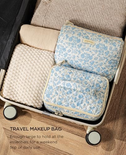 HBselect 2Pcs Travel Makeup Bag, Large Cotton Quilted Makeup Bag Cosmetic Bag Cute Make up Bag Toiletry Bags for Women Girls - color: 2PCS-FLOWER1