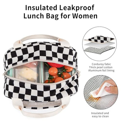 Lunch Bag Women Lunch Box for Women Adult Cute Insulated Lunch Bag Small Cooler Lunch Tote Bags for Work Picnic Travel (Black-White Plaid) - color: Black-White Plaid