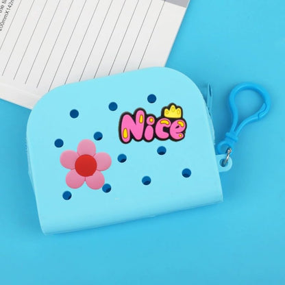 Soft Silicone Mini Coin Purse with Zipper and Cartoon Hole,with 15 pcs DIY Charms. Portable Keychain Pouch Organizer (Blue) - color: Blue