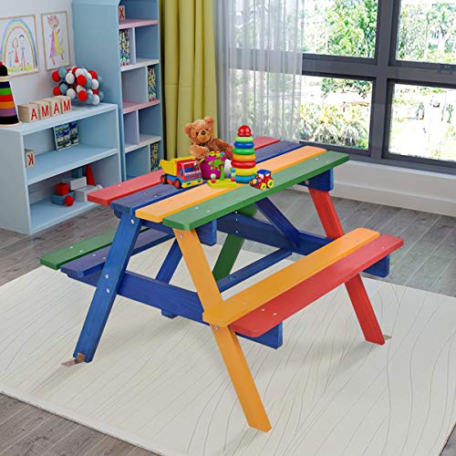 Costzon Kids Picnic Table Set, Colorful Wood Picnic Table and Benches with Removable/Folding Umbrella, Children Rainbow Bench Outdoor Patio Set